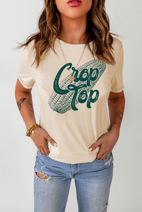 Short Sleeve Round Neck Graphic Print Crop Tee