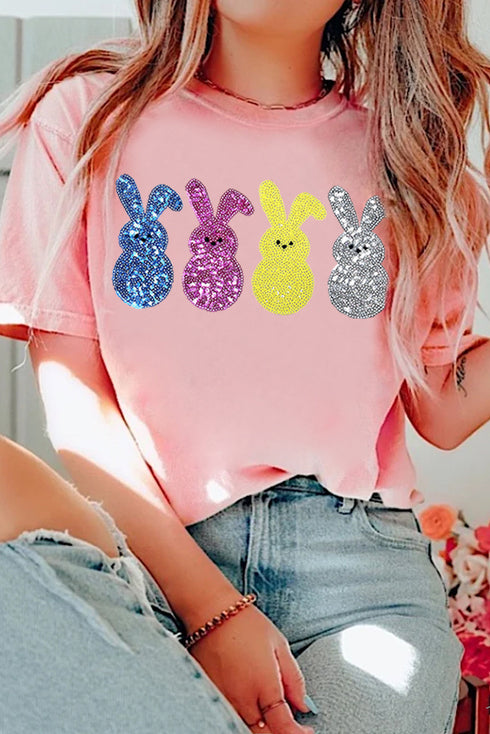 Short Sleeve Sequin Rabbit Graphic Crew Neck Tee