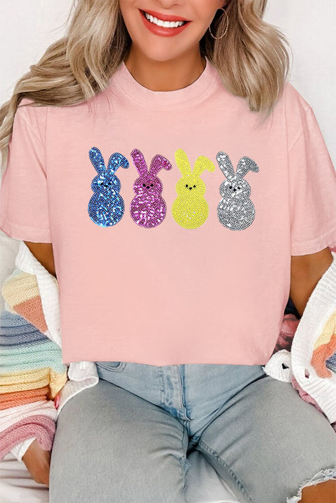 Short Sleeve Sequin Rabbit Graphic Crew Neck Tee
