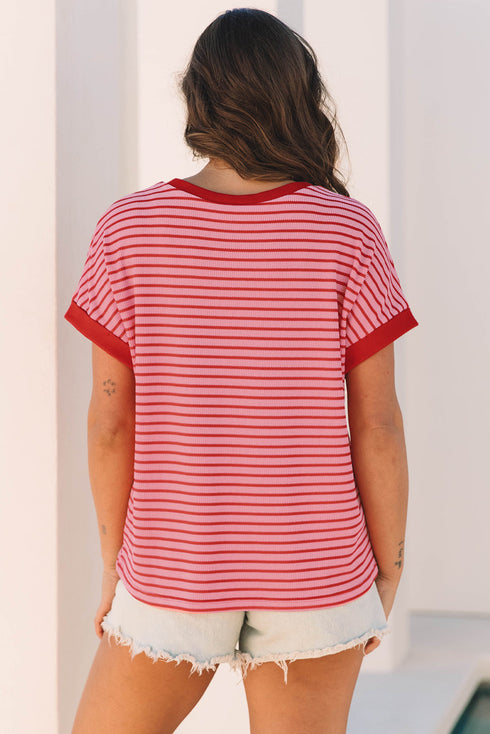 Short Sleeve Sequin Star Graphic Striped Knitted Tee