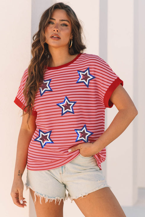 Short Sleeve Sequin Star Graphic Striped Knitted Tee