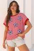 Short Sleeve Sequin Star Graphic Striped Knitted Tee