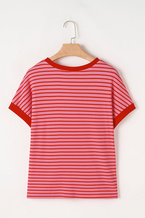 Short Sleeve Sequin Star Graphic Striped Knitted Tee