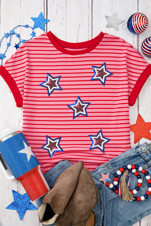 Short Sleeve Sequin Star Graphic Striped Knitted Tee