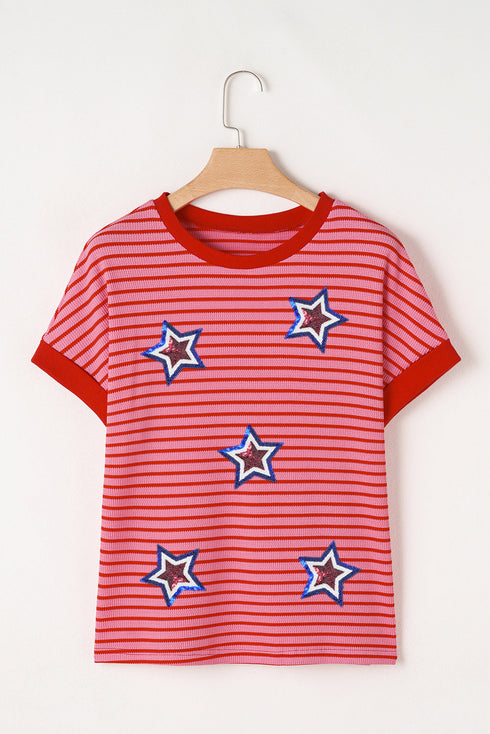 Short Sleeve Sequin Star Graphic Striped Knitted Tee