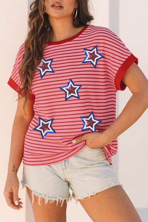 Short Sleeve Sequin Star Graphic Striped Knitted Tee