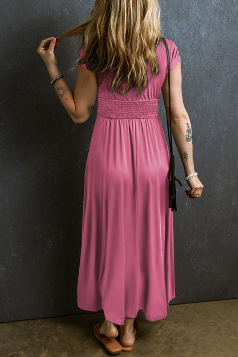 Short Sleeve Shirred High Waist V Neck Maxi Dress