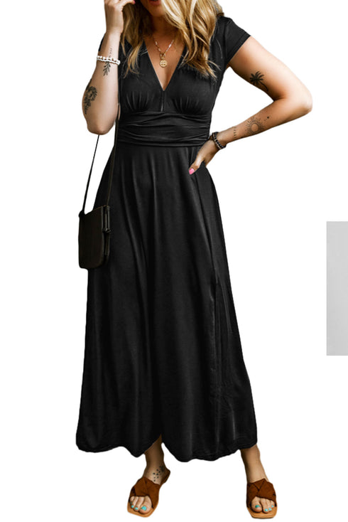 Short Sleeve Shirred High Waist V Neck Maxi Dress