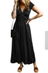 Short Sleeve Shirred High Waist V Neck Maxi Dress
