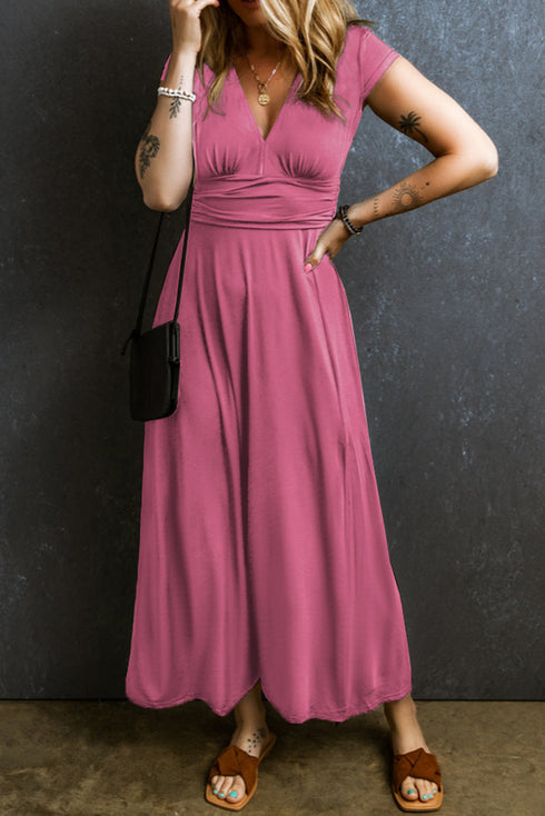 Short Sleeve Shirred High Waist V Neck Maxi Dress