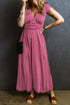 Short Sleeve Shirred High Waist V Neck Maxi Dress