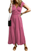 Short Sleeve Shirred High Waist V Neck Maxi Dress