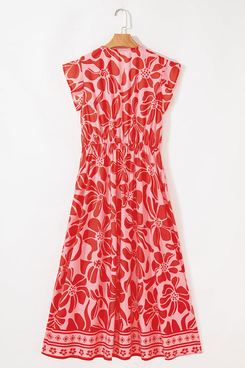 Short Sleeve Shirred Waist A Line Bohemian Floral Dress