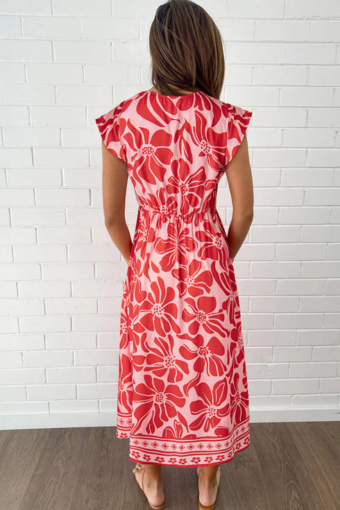 Short Sleeve Shirred Waist A Line Bohemian Floral Dress