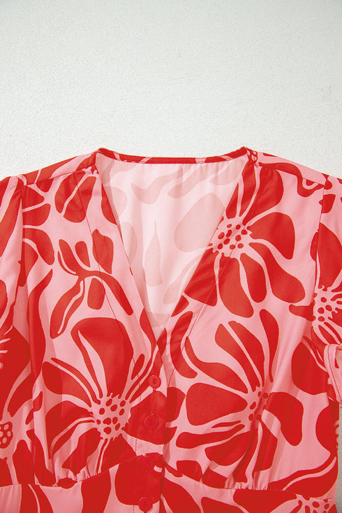 Short Sleeve Shirred Waist A Line Bohemian Floral Dress