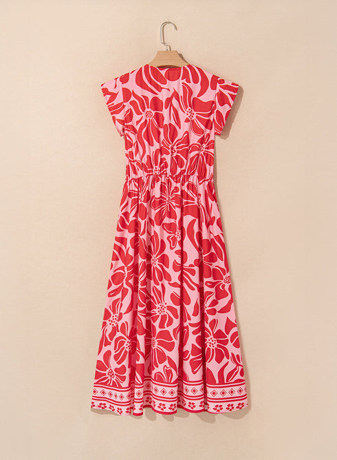 Short Sleeve Shirred Waist A Line Bohemian Floral Dress