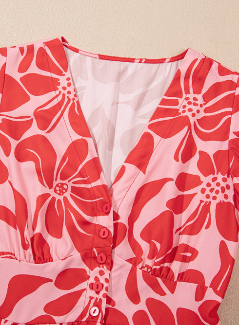 Short Sleeve Shirred Waist A Line Bohemian Floral Dress