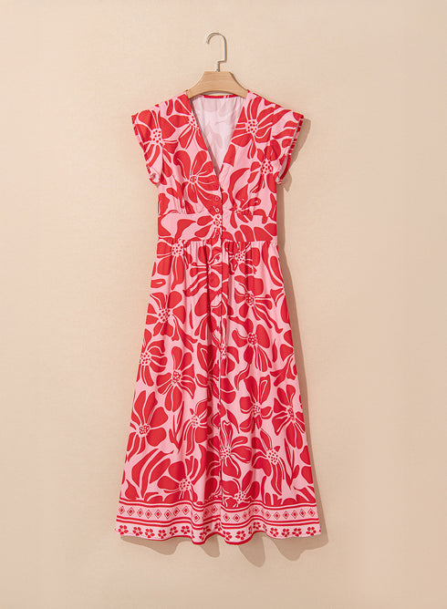 Short Sleeve Shirred Waist A Line Bohemian Floral Dress