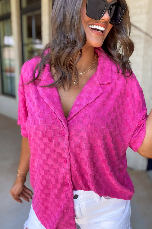 Short Sleeve Textured Checkerboard Button Down Resort Shirt