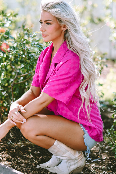 Short Sleeve Textured Checkerboard Button Down Resort Shirt