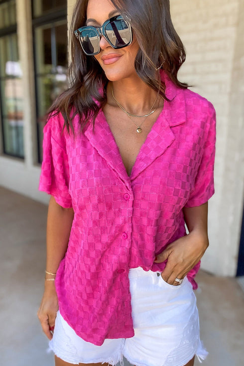 Short Sleeve Textured Checkerboard Button Down Resort Shirt