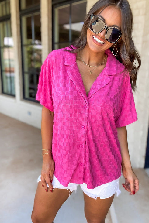 Short Sleeve Textured Checkerboard Button Down Resort Shirt