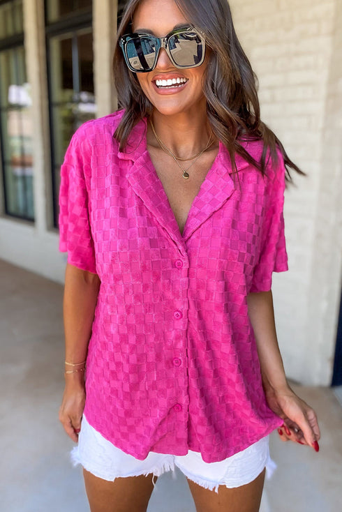 Short Sleeve Textured Checkerboard Button Down Resort Shirt