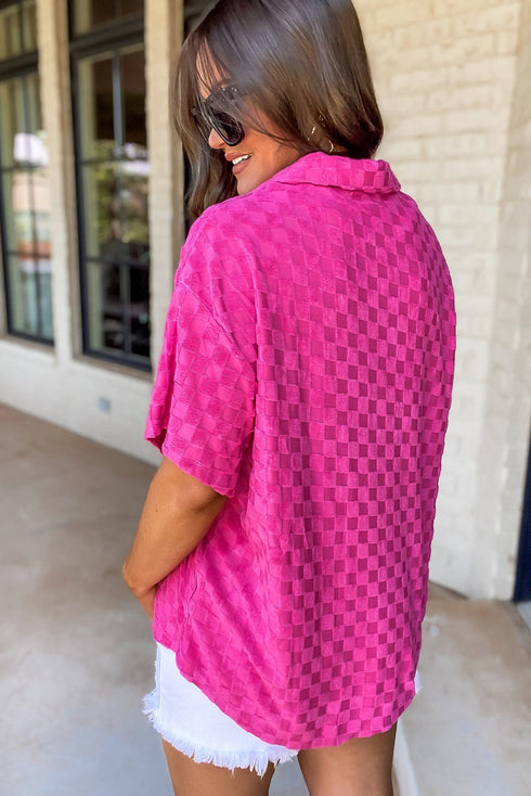 Short Sleeve Textured Checkerboard Button Down Resort Shirt
