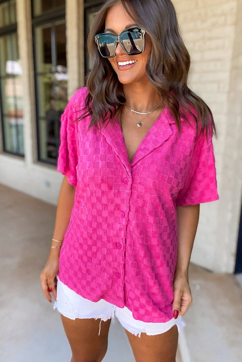 Short Sleeve Textured Checkerboard Button Down Resort Shirt