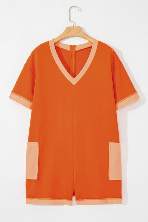 Short Sleeve V Neck Patch Pocket Loose Fit Romper