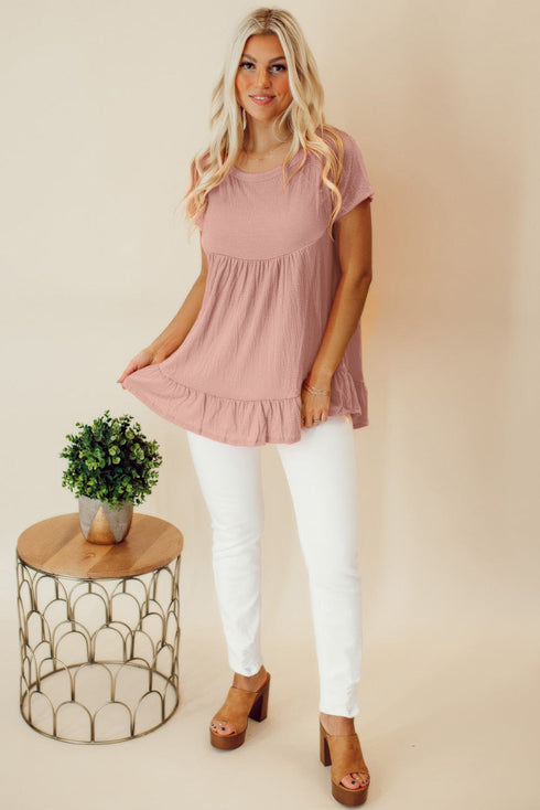 Short Sleeve V Neck Ruffle Hem Babydoll Blouse