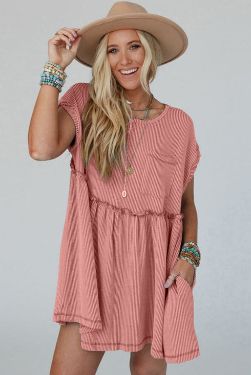 Short Sleeve Waffle Knit Babydoll Tunic