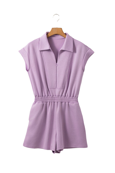 Short Sleeve Zipper Collared Elastic High Waist Romper