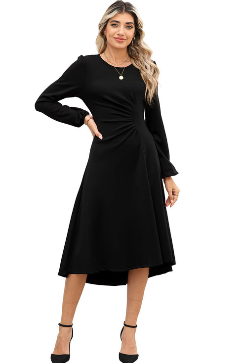 Side Ruched Crew Neck Long Sleeve Bodycon Fit Elegant Midi Dress