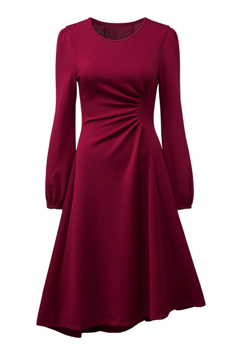 Side Ruched Crew Neck Long Sleeve Bodycon Fit Elegant Midi Dress