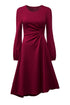 Side Ruched Crew Neck Long Sleeve Bodycon Fit Elegant Midi Dress