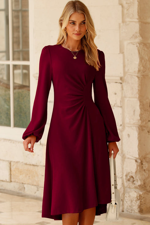 Side Ruched Crew Neck Long Sleeve Bodycon Fit Elegant Midi Dress