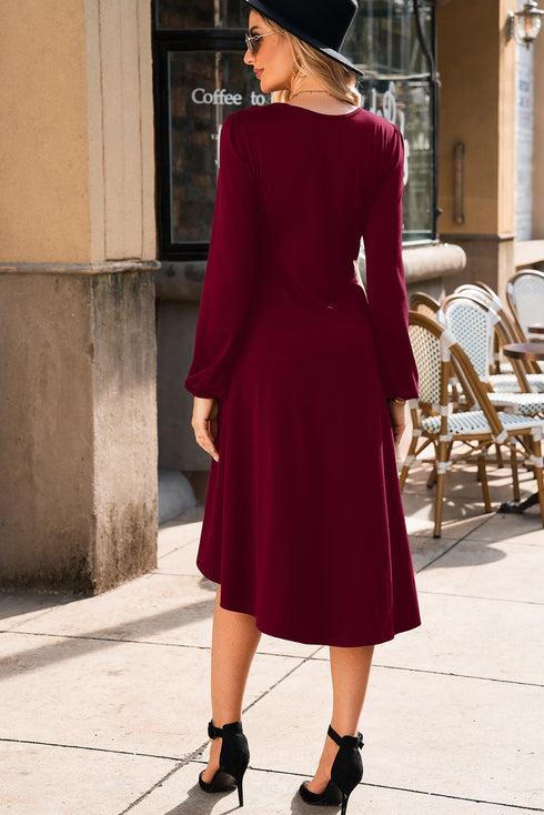Side Ruched Crew Neck Long Sleeve Bodycon Fit Elegant Midi Dress