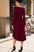 Side Ruched Crew Neck Long Sleeve Bodycon Fit Elegant Midi Dress