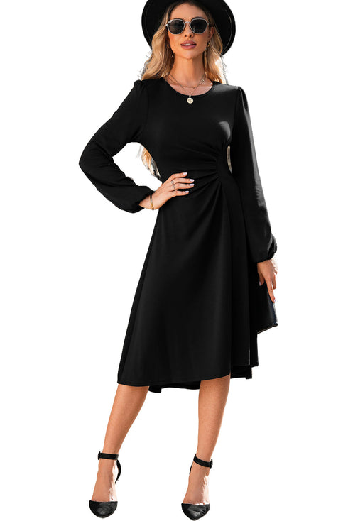 Side Ruched Crew Neck Long Sleeve Bodycon Fit Elegant Midi Dress