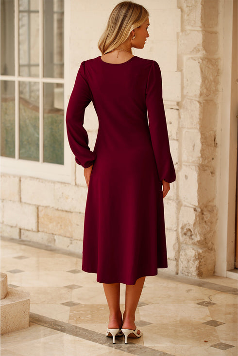 Side Ruched Crew Neck Long Sleeve Bodycon Fit Elegant Midi Dress