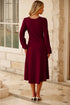 Side Ruched Crew Neck Long Sleeve Bodycon Fit Elegant Midi Dress