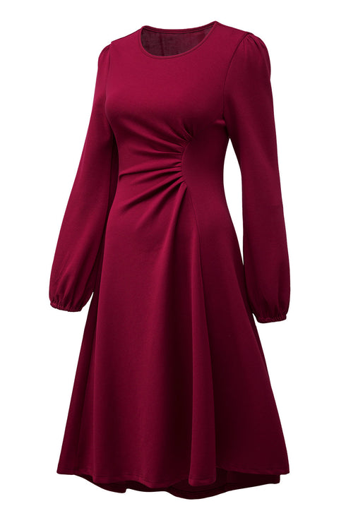 Side Ruched Crew Neck Long Sleeve Bodycon Fit Elegant Midi Dress