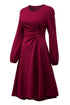Side Ruched Crew Neck Long Sleeve Bodycon Fit Elegant Midi Dress