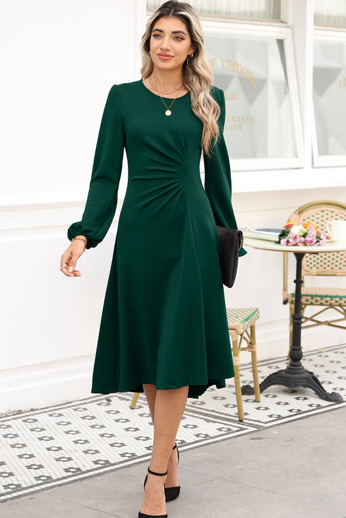 Side Ruched Crew Neck Long Sleeve Bodycon Fit Elegant Midi Dress