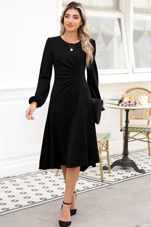 Side Ruched Crew Neck Long Sleeve Bodycon Fit Elegant Midi Dress