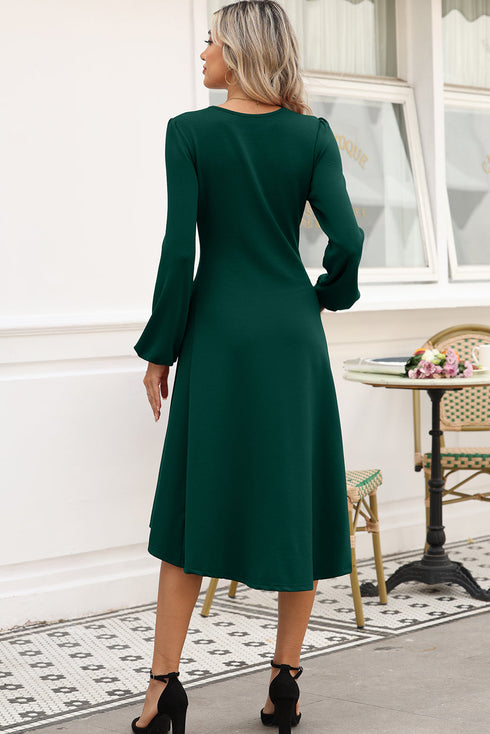 Side Ruched Crew Neck Long Sleeve Bodycon Fit Elegant Midi Dress