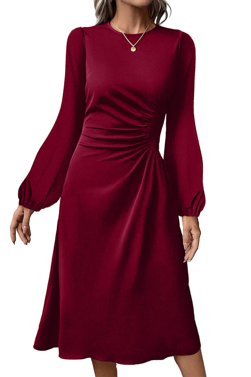 Side Ruched Crew Neck Long Sleeve Bodycon Fit Elegant Midi Dress