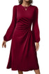 Side Ruched Crew Neck Long Sleeve Bodycon Fit Elegant Midi Dress