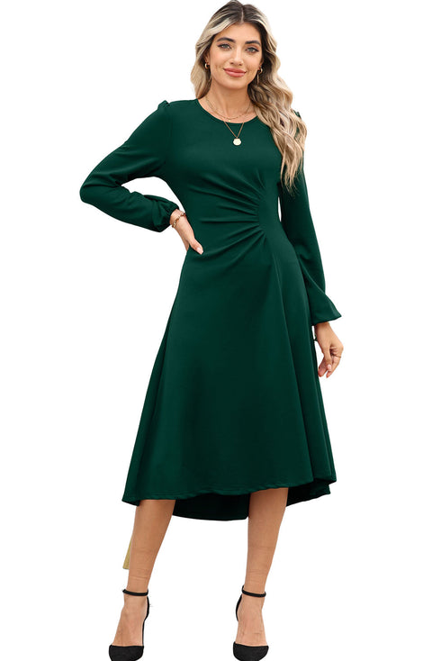 Side Ruched Crew Neck Long Sleeve Bodycon Fit Elegant Midi Dress